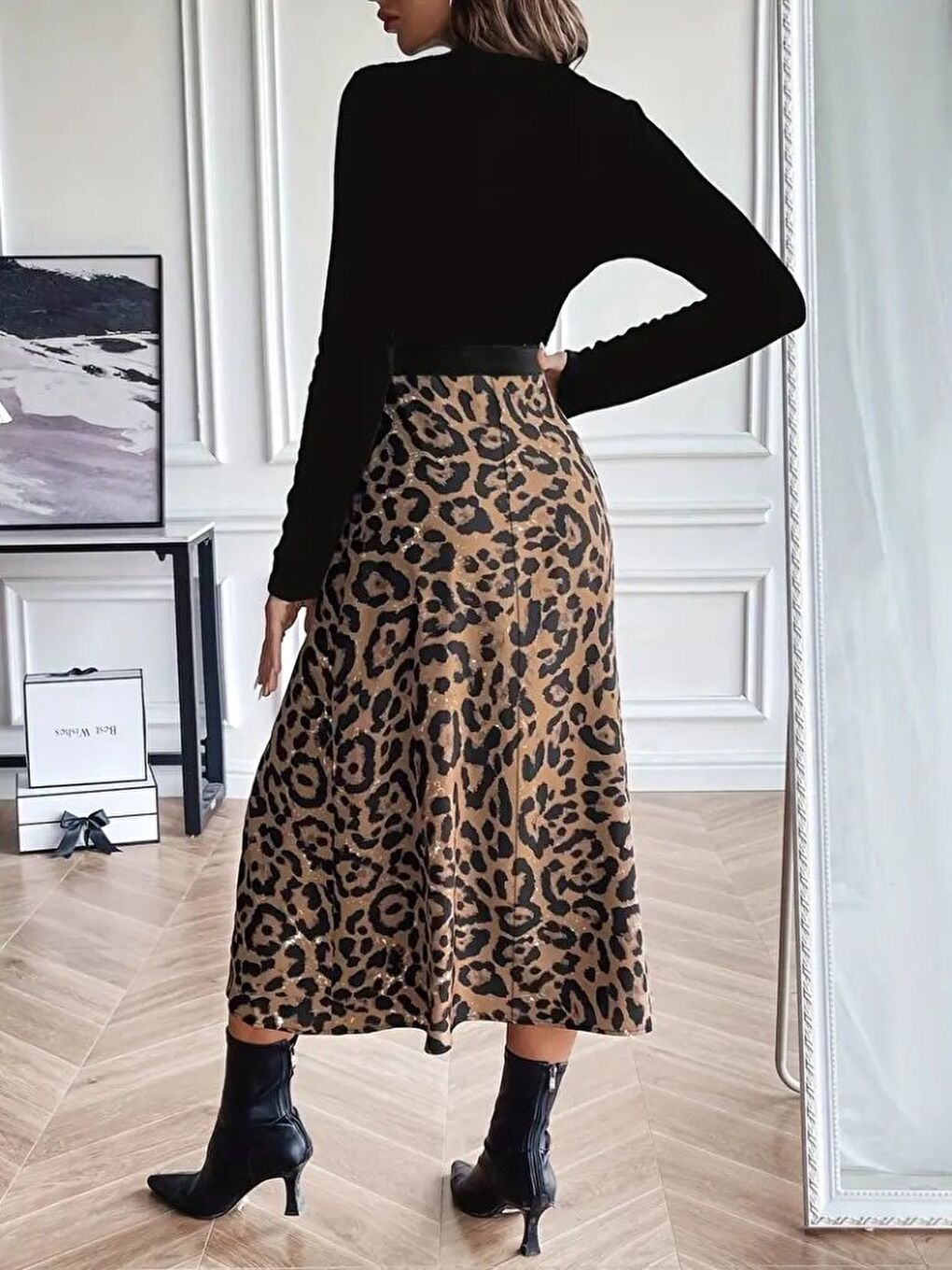 Siyah Kadın Uzun Kollu Bisiklet Yaka Ithal Krep Bluz Alt Desenli Modal Midi Elbise-3