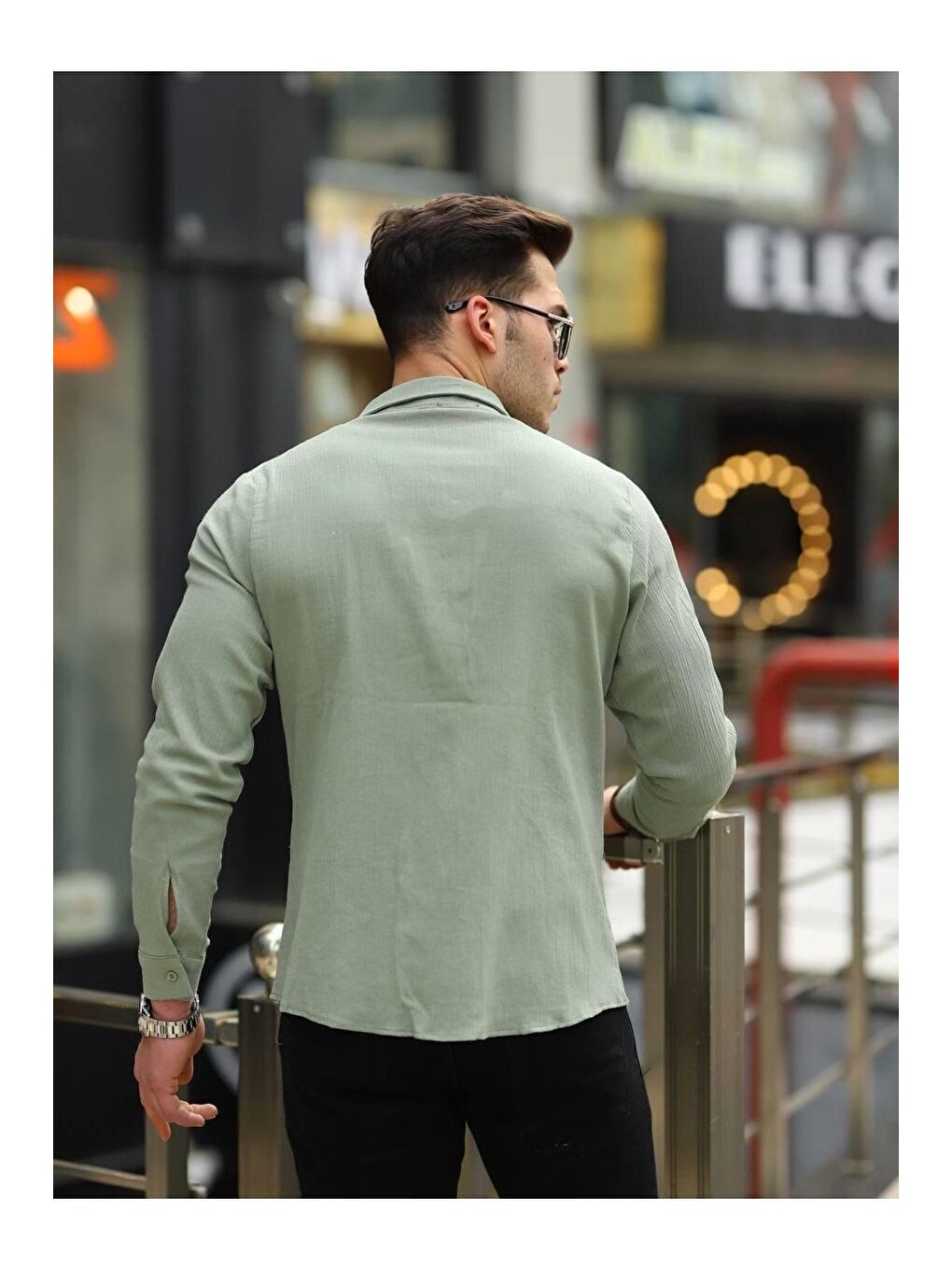 Erkek Trend Kruvaze Yaka Yeşil Keten Gömlek-4