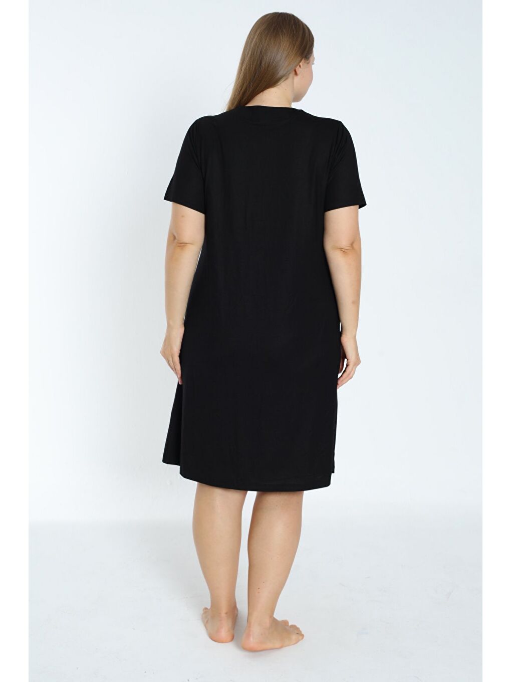 Siyah Kadın siyah büyük beden kısa kollu cepli düğmeli elbise-3