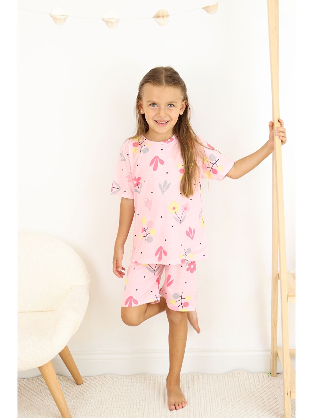 Pembe Kız Çocuk Pamuklu Penye Kumaş Şortlu Pijama Takımı-6