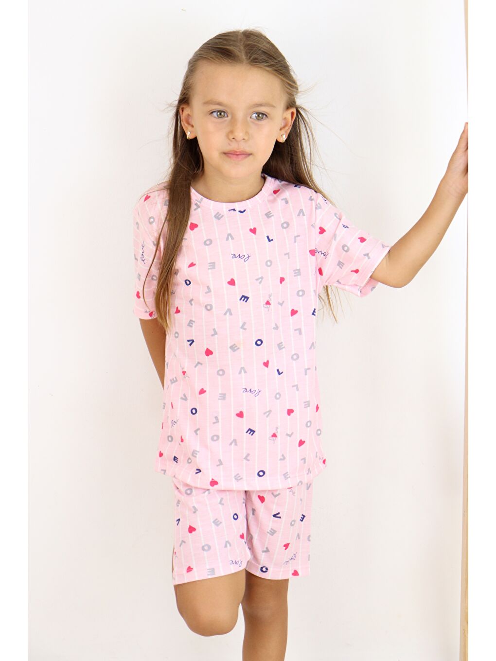 Pembe Kız Çocuk Pamuklu Penye Kumaş Şortlu Pijama Takımı-3