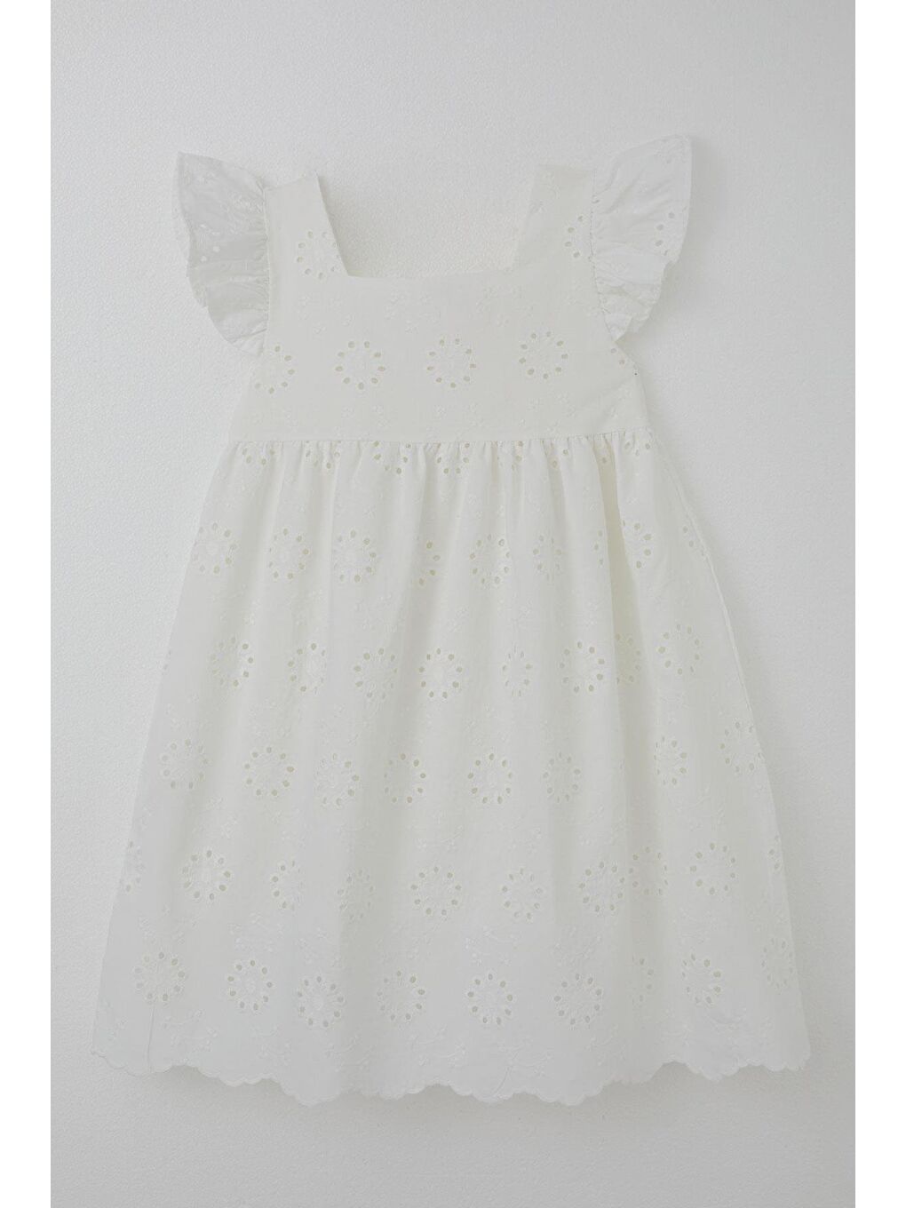 Kız Çocuk Elbise Çiçek Nakışlı Arka Kısmı Fermuarlı Ekru (5 Yaş)