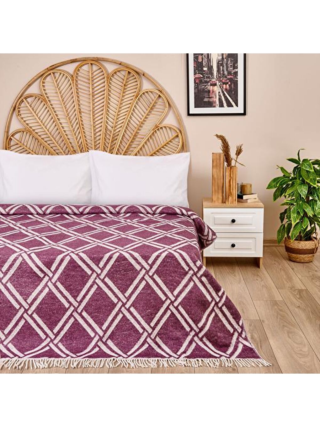 Turkuaz Çift Kişilik Battaniye - Mürdüm / Beyaz - 200x220 cm