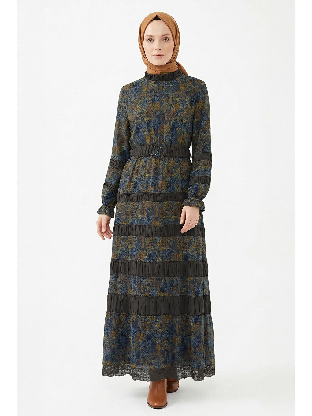 Kahverengi Kemer ve Boncuk Detay Etnik Desenli Elbise 330341 Taba-3