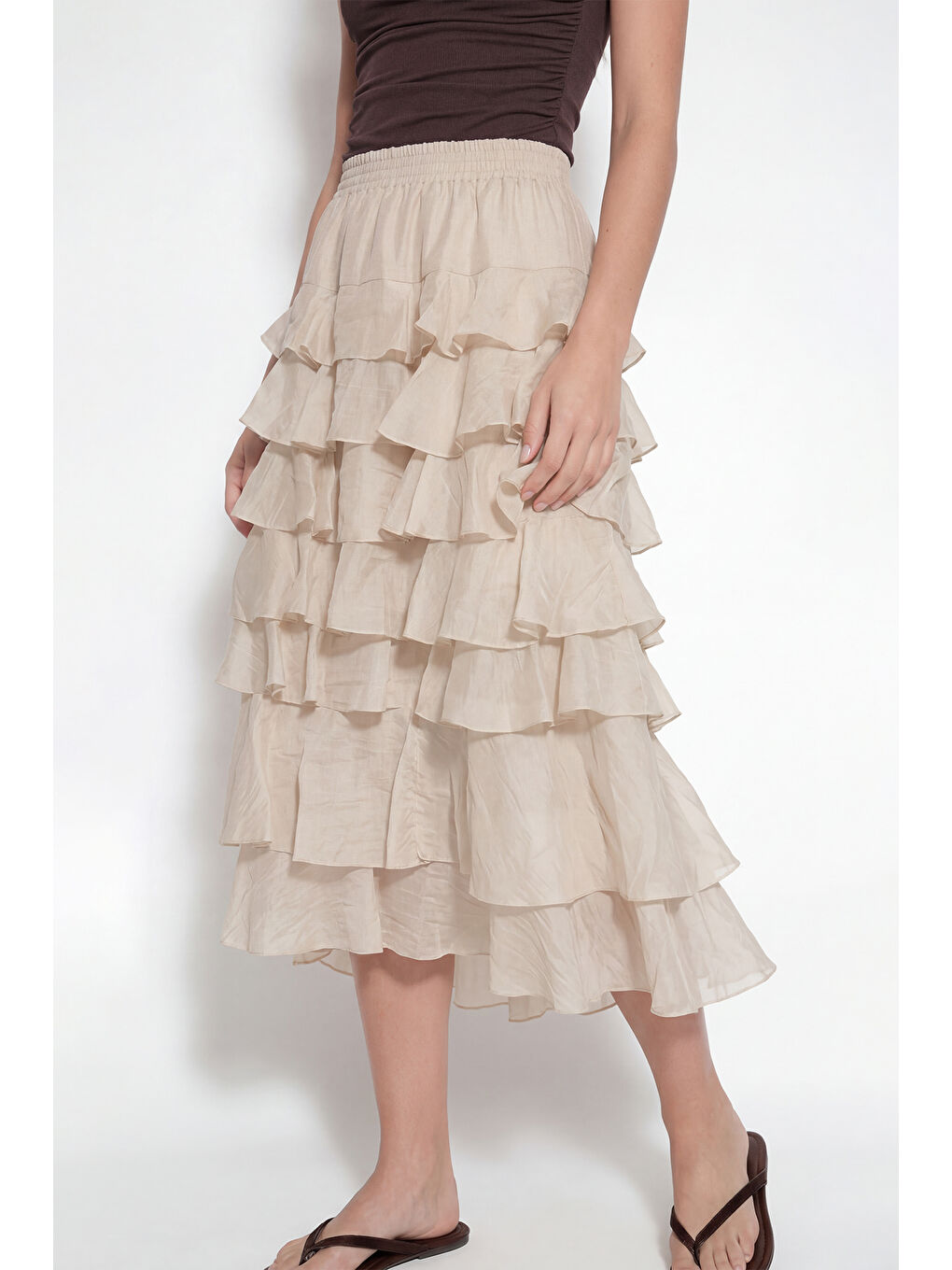 Bej Beli Lastikli Katlı Fırfırlı Midi Etek Taş-1