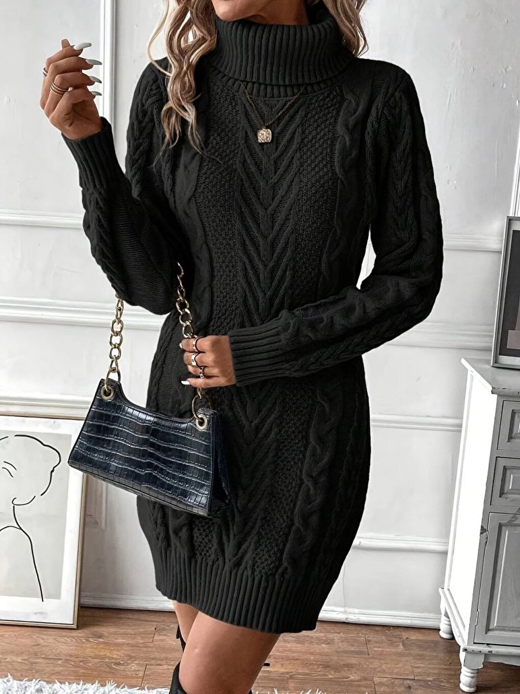 Siyah Kadın Balıkçı Yaka Mini Triko Elbise-1