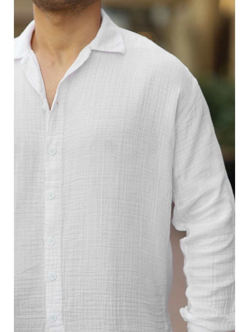 Erkek Trend Kruvaze Yaka Beyaz Keten Gömlek-1
