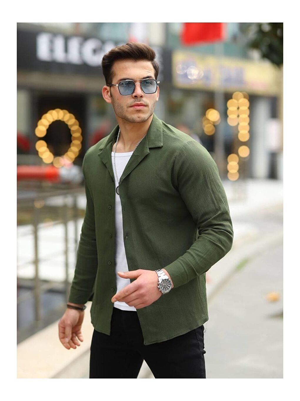 Erkek Trend Kruvaze Yaka Haki Keten Gömlek