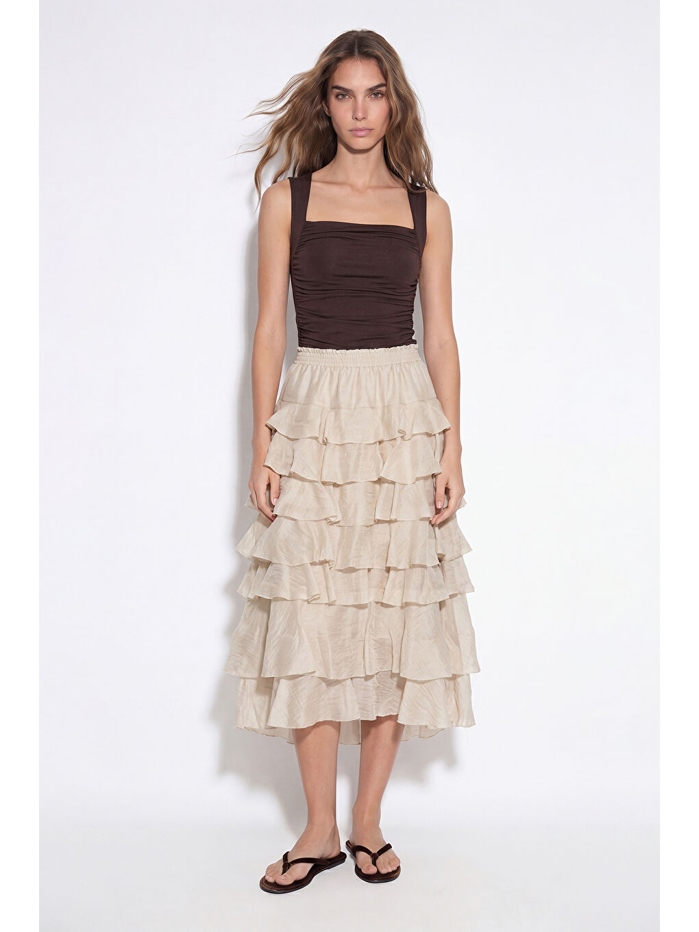 Bej Beli Lastikli Katlı Fırfırlı Midi Etek Taş-2