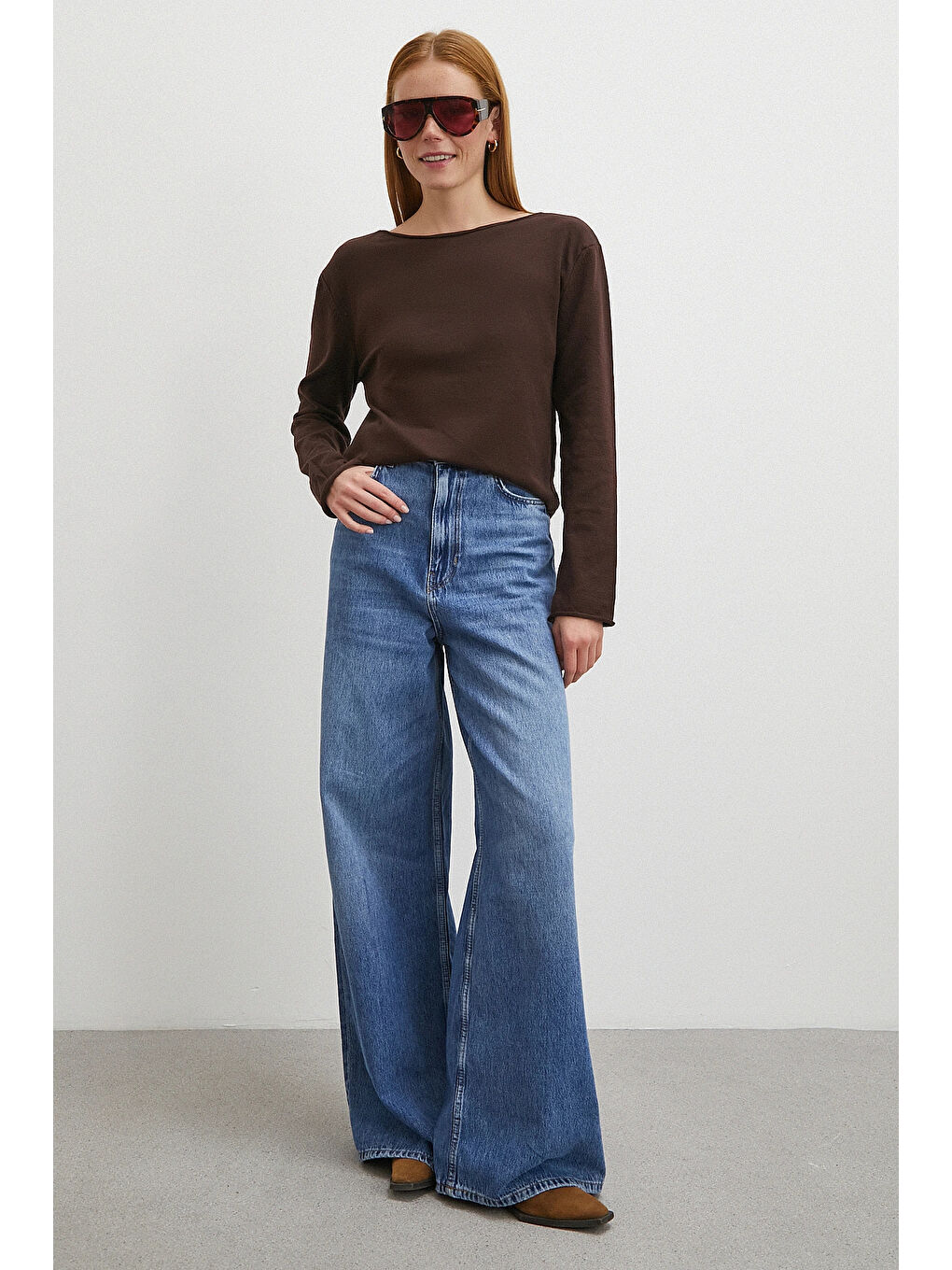 Karışık Kayık Yaka Uzun Kol Kazak Kahve