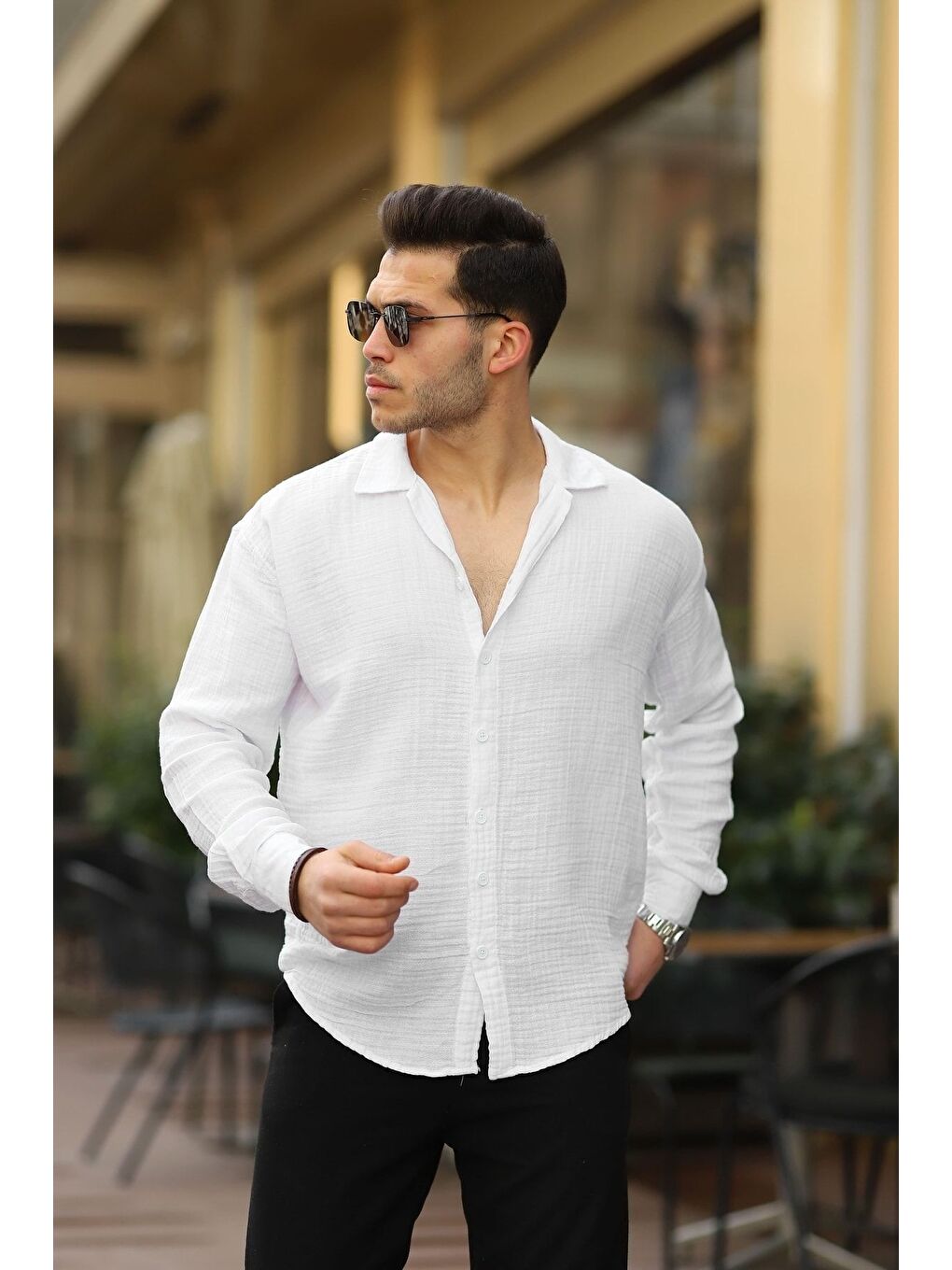Erkek Trend Kruvaze Yaka Beyaz Keten Gömlek-2
