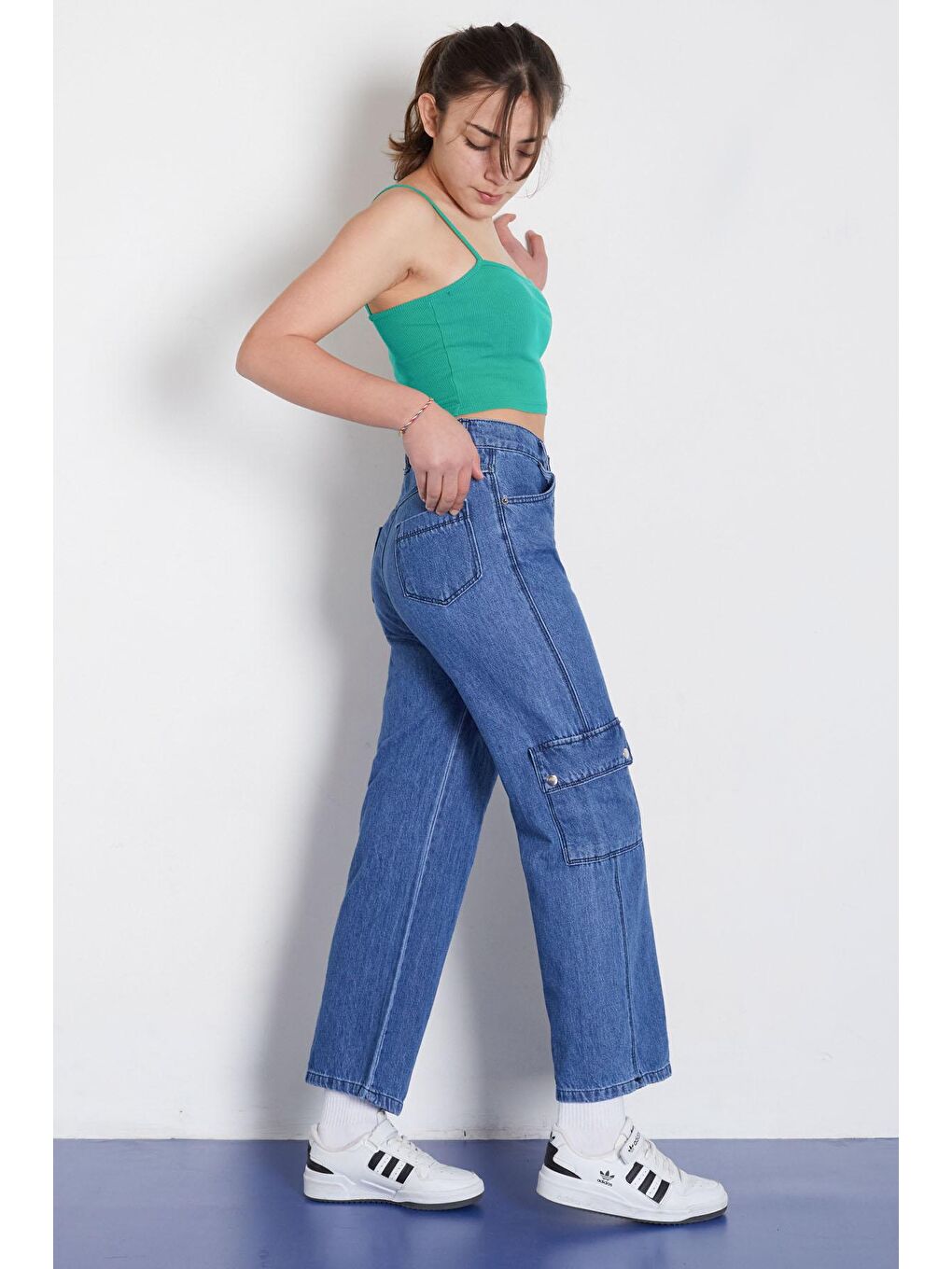 Mavi Yüksek Bel Kapaklı Cepli Kız Çocuk Geniş Paça Jean Pantolon 18367-2