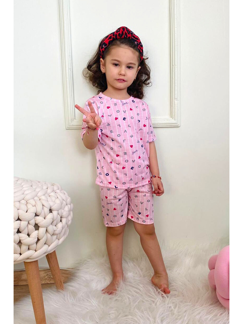 Pembe Kız Çocuk Pamuklu Penye Kumaş Şortlu Pijama Takımı-8