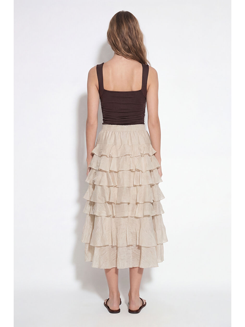 Bej Beli Lastikli Katlı Fırfırlı Midi Etek Taş-3