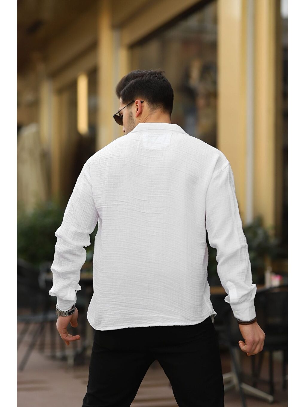 Erkek Trend Kruvaze Yaka Beyaz Keten Gömlek-3