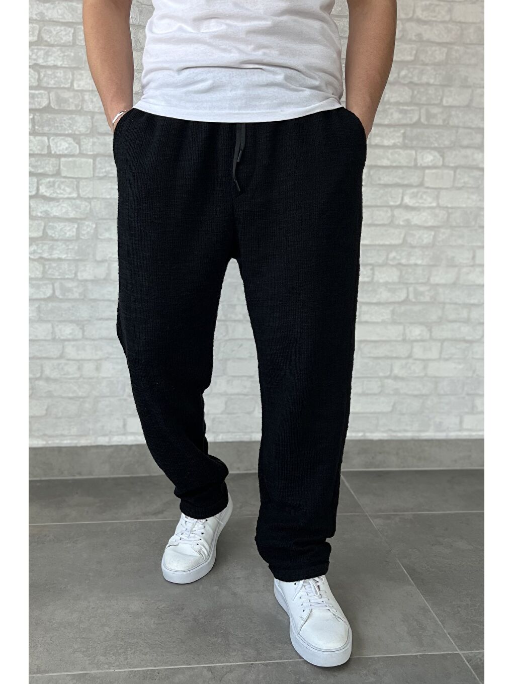 Siyah Bel Bağcıklı Duble Paça Erkek Jogger Pantolon