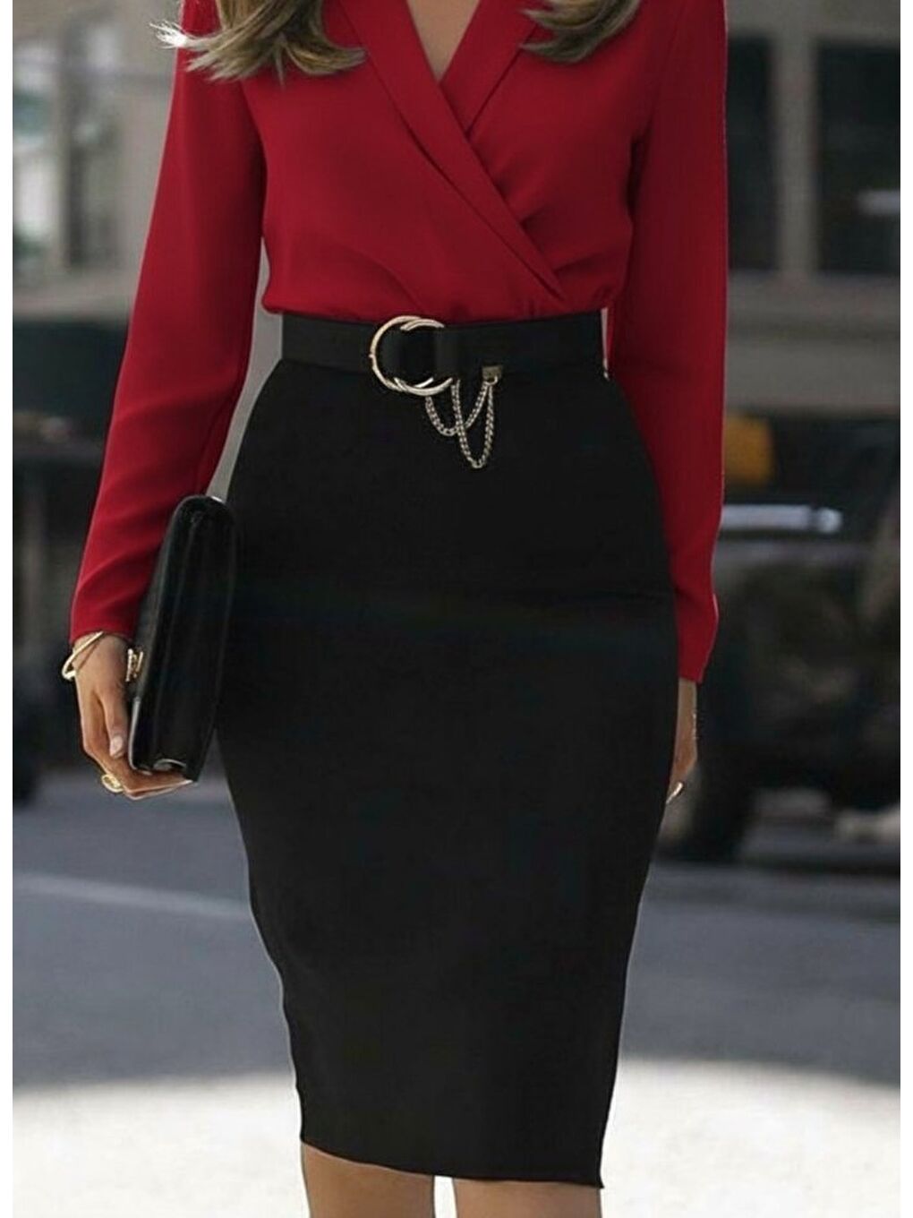 Kırmızı Kadın Uzun Kollu Kruvaze Yaka Janjan Krep Midi Elbise-2