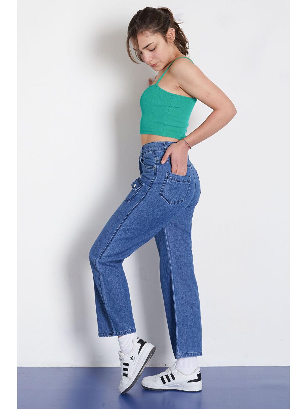 Mavi Yüksek Bel Kapaklı Cepli Kız Çocuk Geniş Paça Jean Pantolon 18367-3