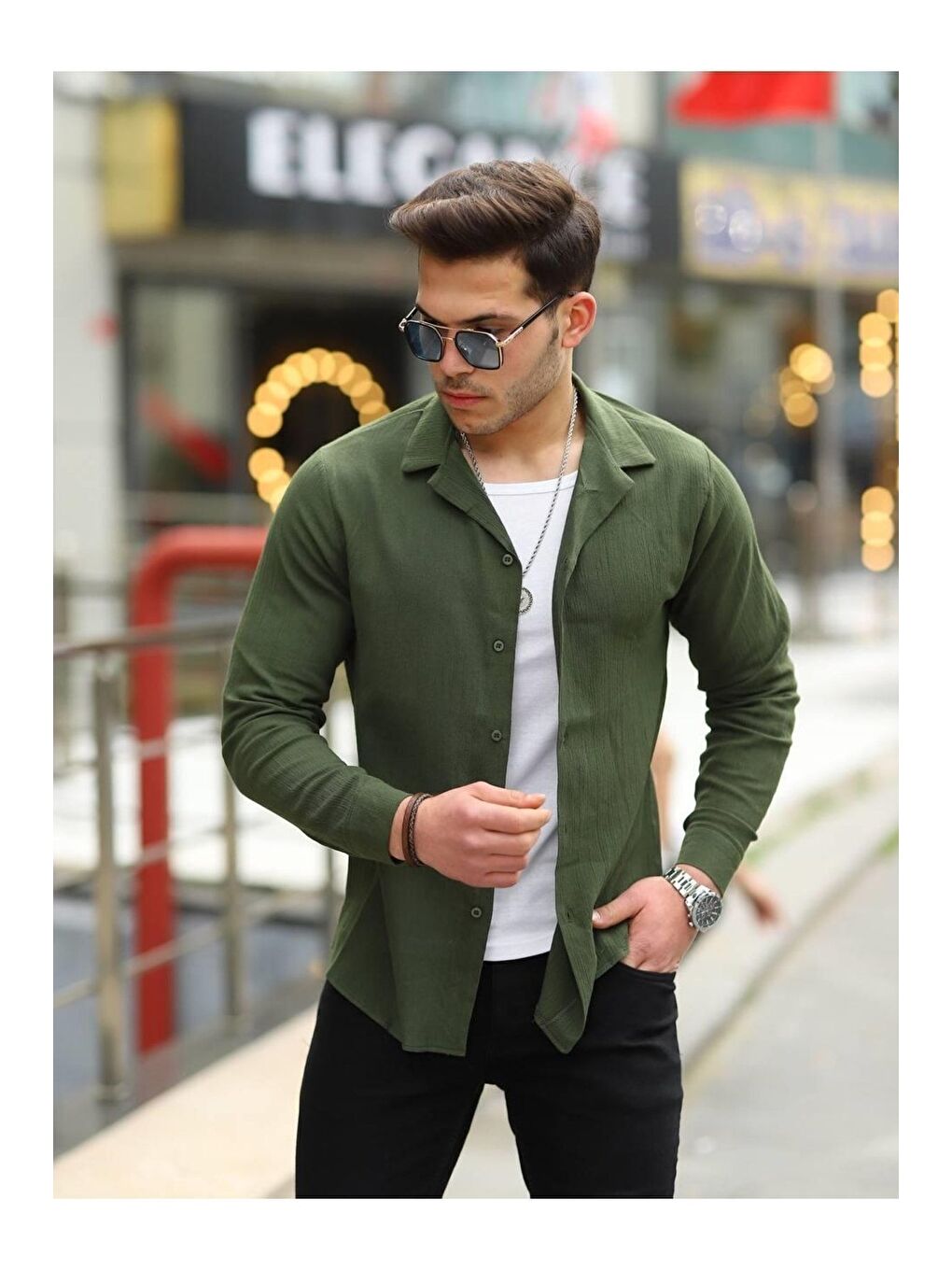 Erkek Trend Kruvaze Yaka Haki Keten Gömlek-1