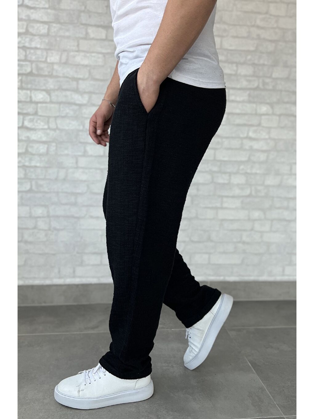 Siyah Bel Bağcıklı Duble Paça Erkek Jogger Pantolon-1