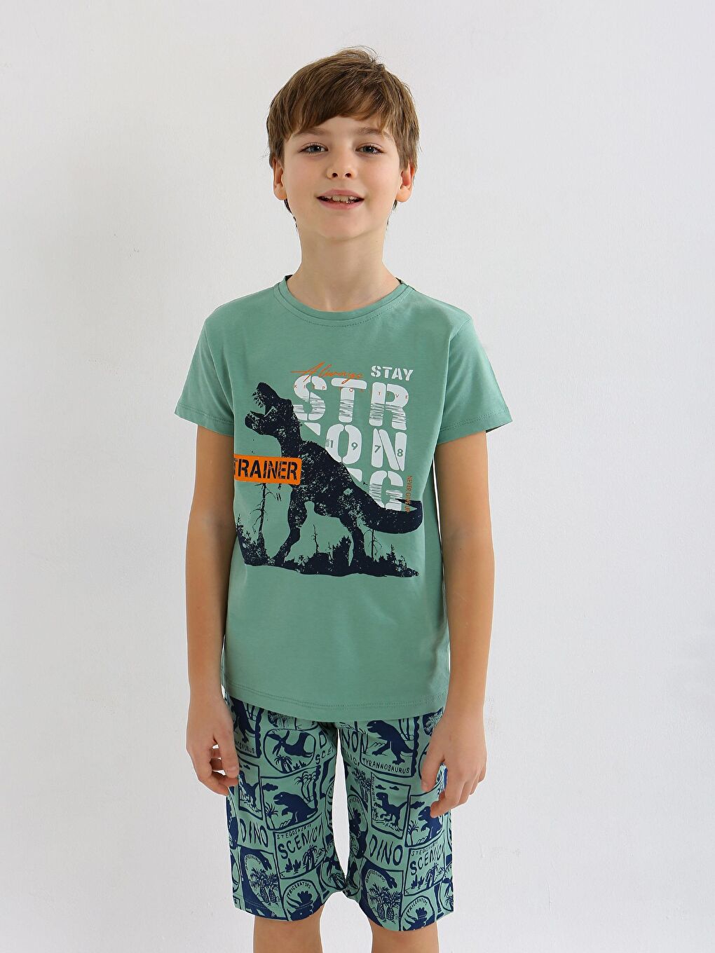 Yeşil Erkek Çocuk Kısa Kollu Kapri %100 Pamuklu Pijama Takımı Trainer