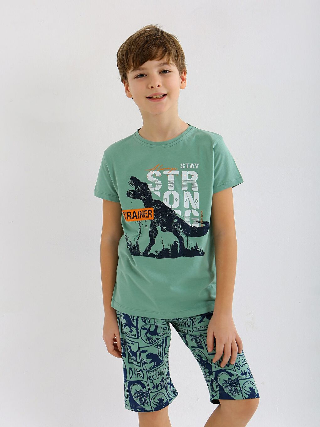 Yeşil Erkek Çocuk Kısa Kollu Kapri %100 Pamuklu Pijama Takımı Trainer-1
