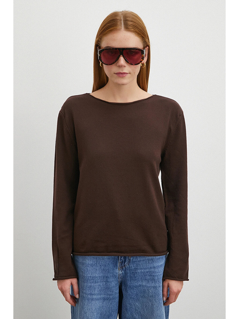 Karışık Kayık Yaka Uzun Kol Kazak Kahve-1