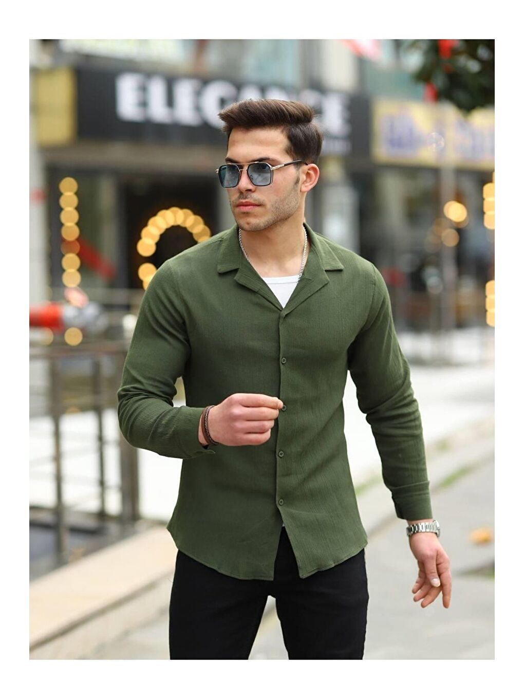 Erkek Trend Kruvaze Yaka Haki Keten Gömlek-2