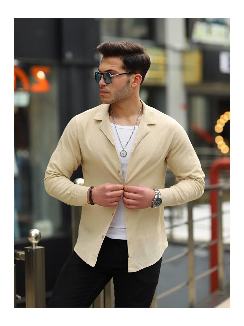 Erkek Trend Kruvaze Yaka Bej Keten Gömlek-2