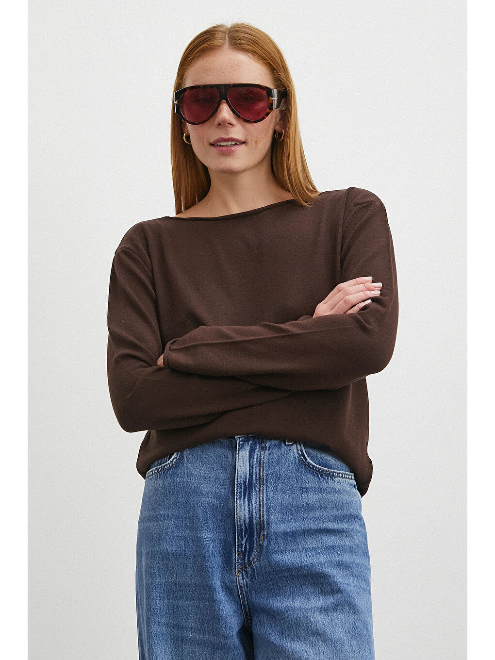 Karışık Kayık Yaka Uzun Kol Kazak Kahve-2