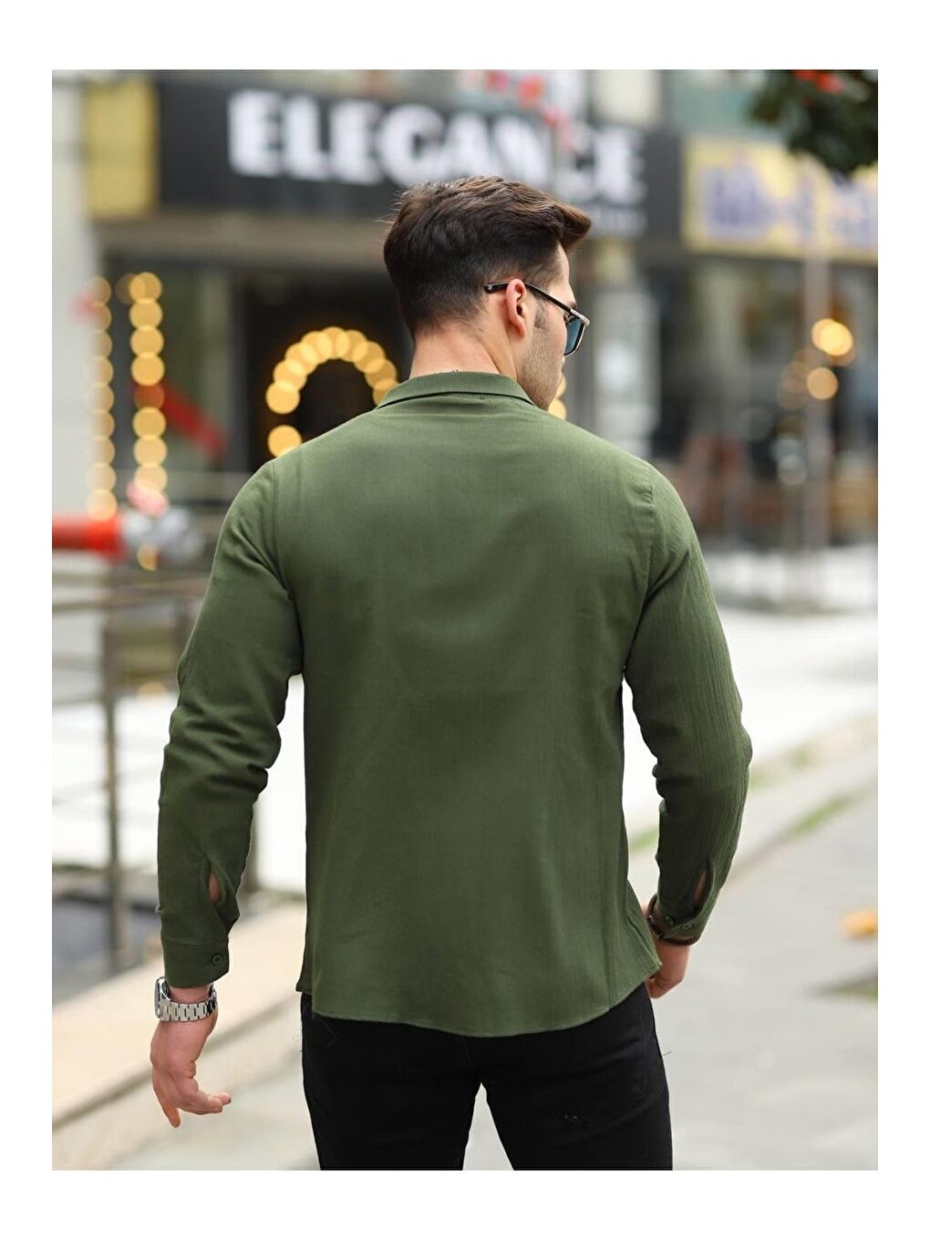 Erkek Trend Kruvaze Yaka Haki Keten Gömlek-3