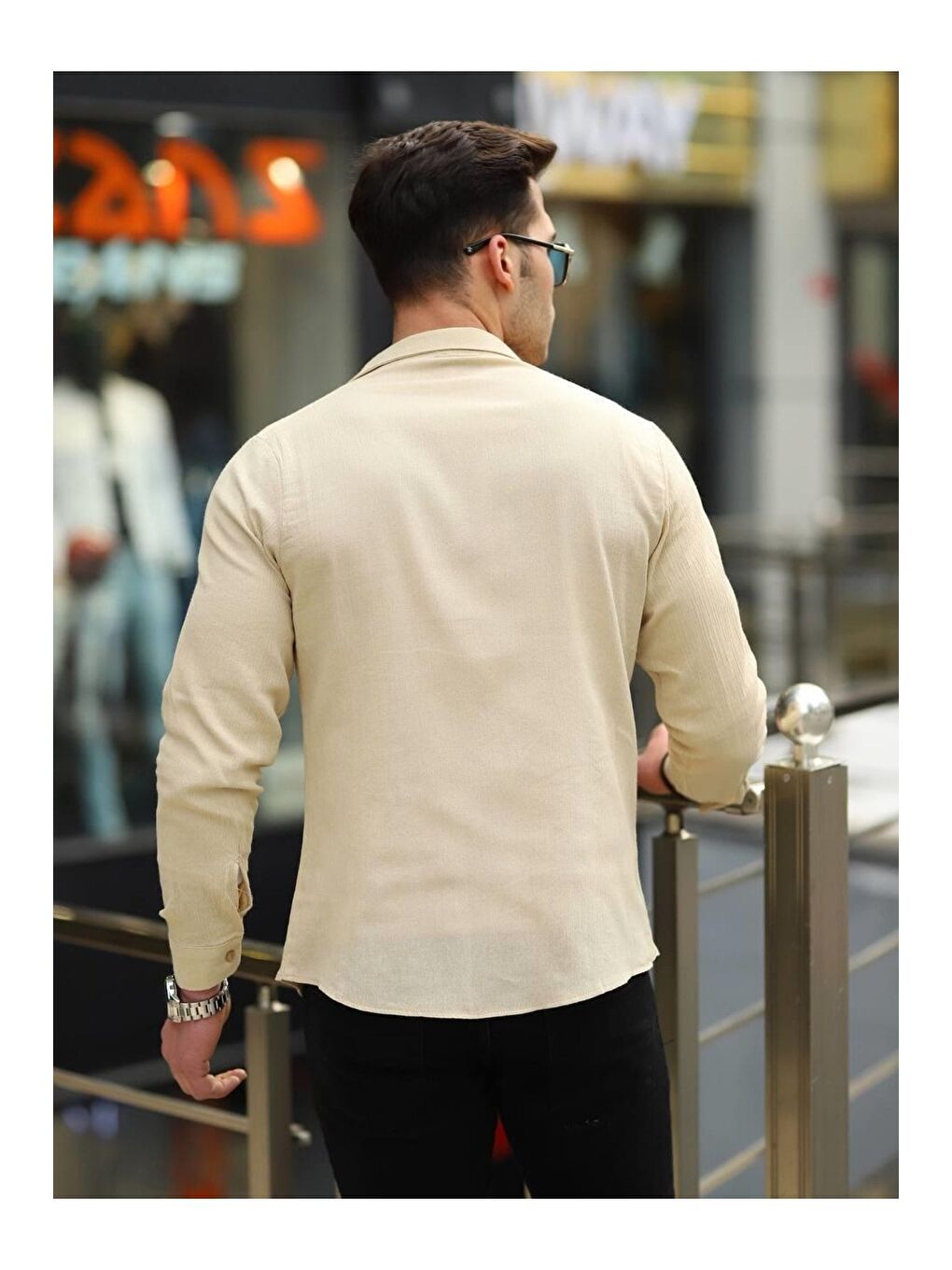 Erkek Trend Kruvaze Yaka Bej Keten Gömlek-3
