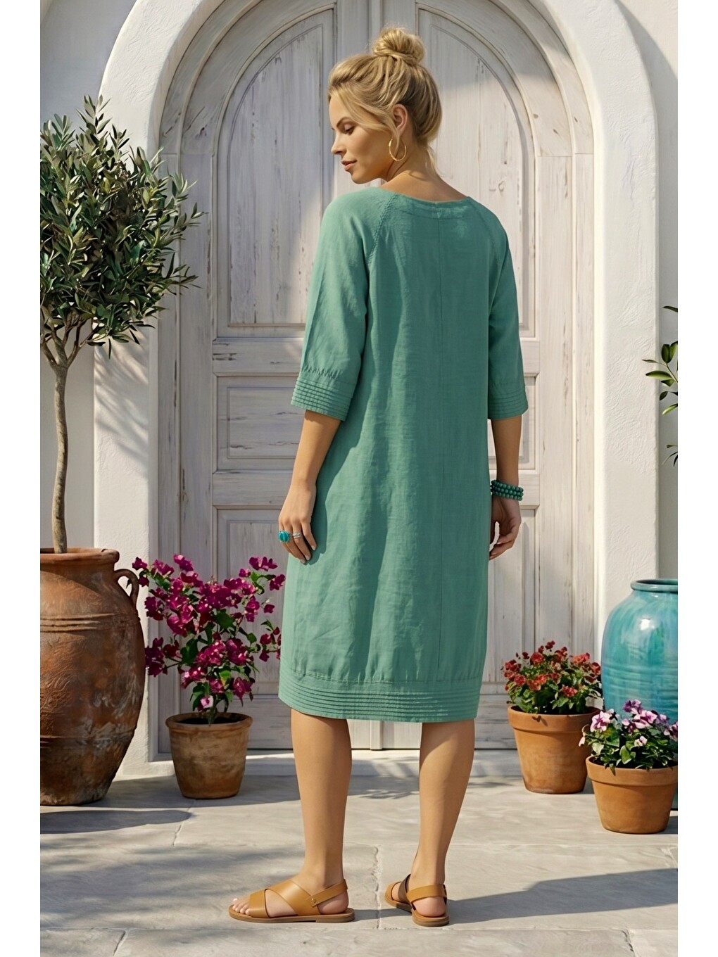 Yeşil Mint Kayık Yaka 3/4 Kol Cepli Casual 100% Keten Dokuma Elbise 102 61-4
