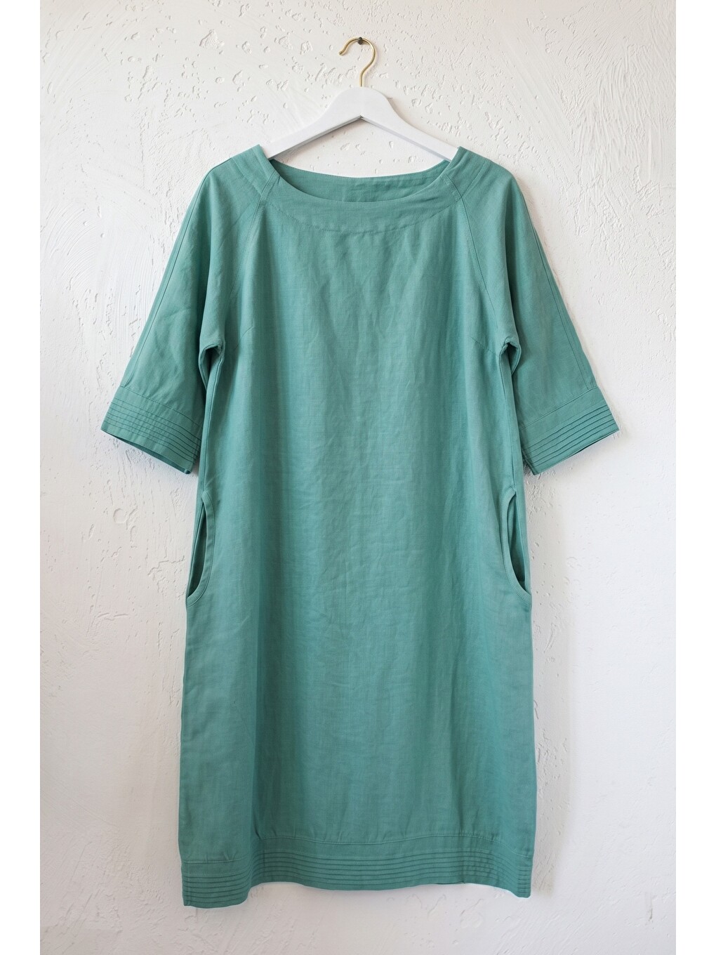 Yeşil Mint Kayık Yaka 3/4 Kol Cepli Casual 100% Keten Dokuma Elbise 102 61-5