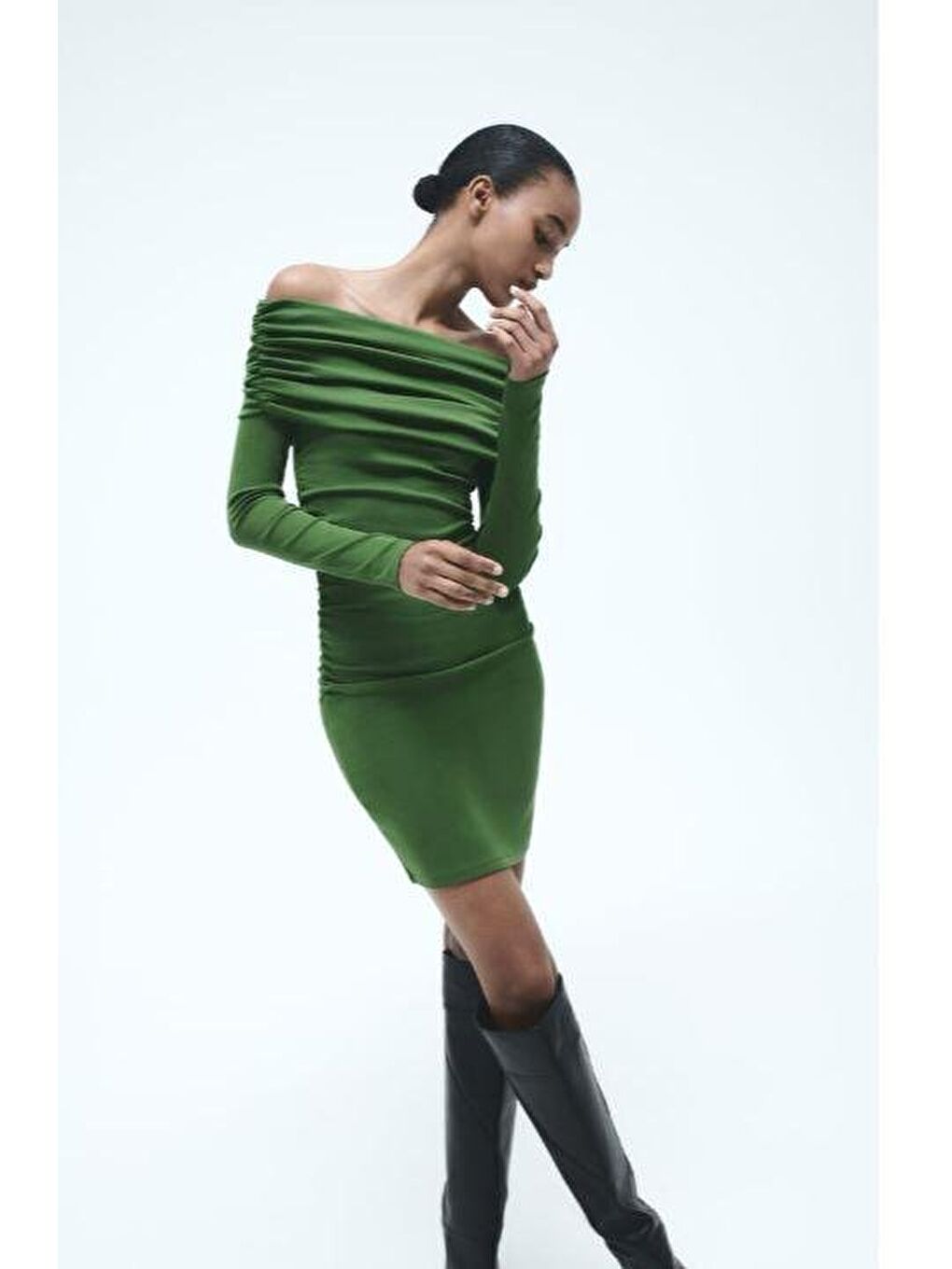 Yeşil Kadın Madonna Mendil Yaka Fırsat ürün Büzgülü Mini Elbise