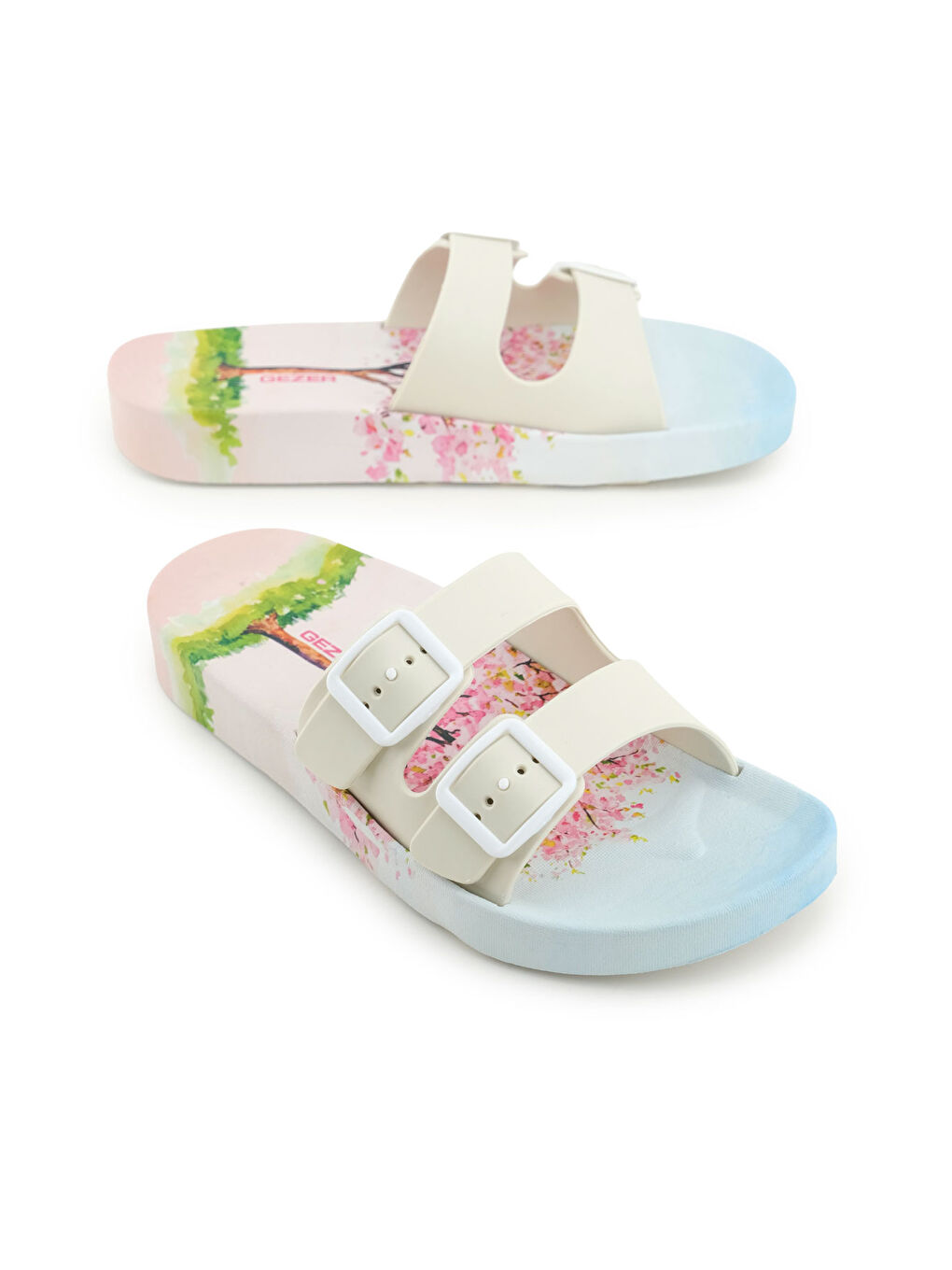 Bej Kadın Yazlık İki Toka Ayarlanabilir Ev Banyo Bahçe Havuz Rahat Taban Terlik