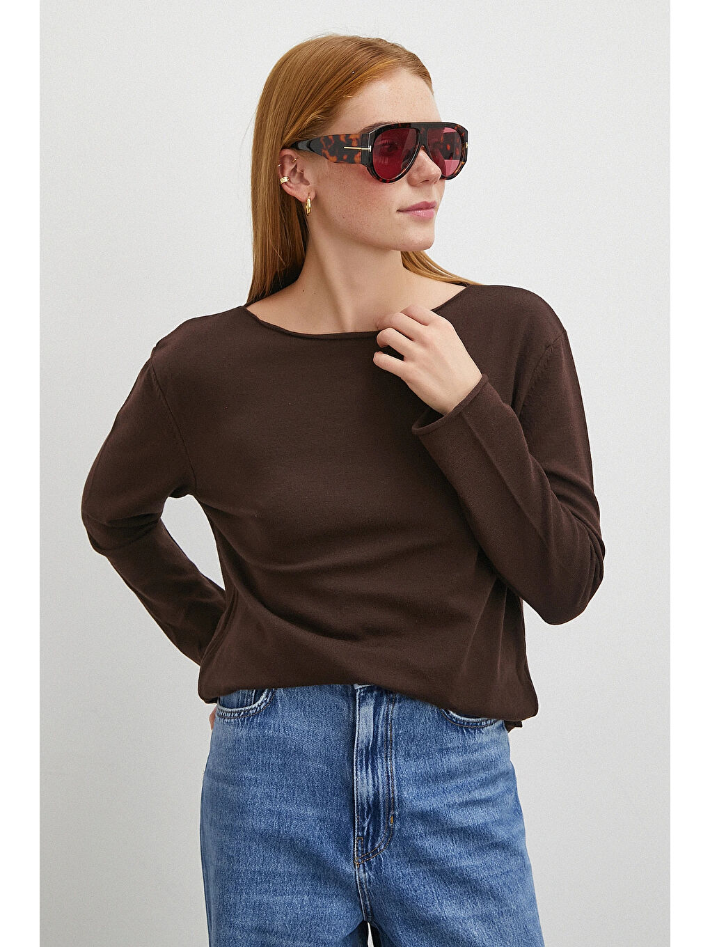 Karışık Kayık Yaka Uzun Kol Kazak Kahve-4