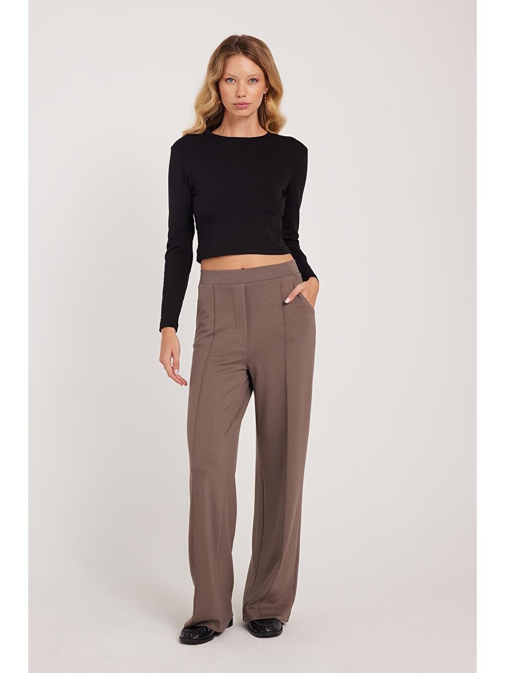 Kahverengi Kadın Relax Fit Rahat Kesim Modal Kumaş Yüksel Bel Geniş Paça Açık Kahve Pantolon-3