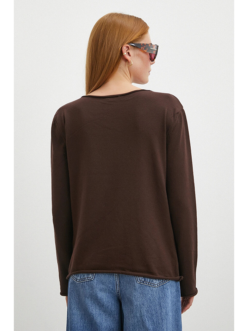 Karışık Kayık Yaka Uzun Kol Kazak Kahve-5