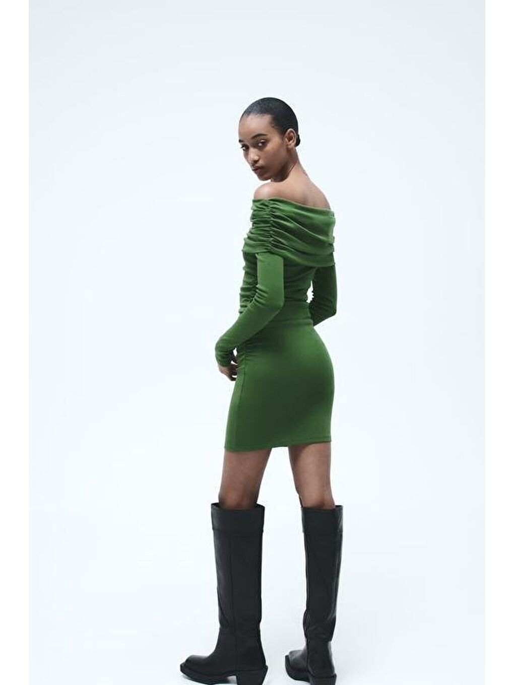 Yeşil Kadın Madonna Mendil Yaka Fırsat ürün Büzgülü Mini Elbise-4