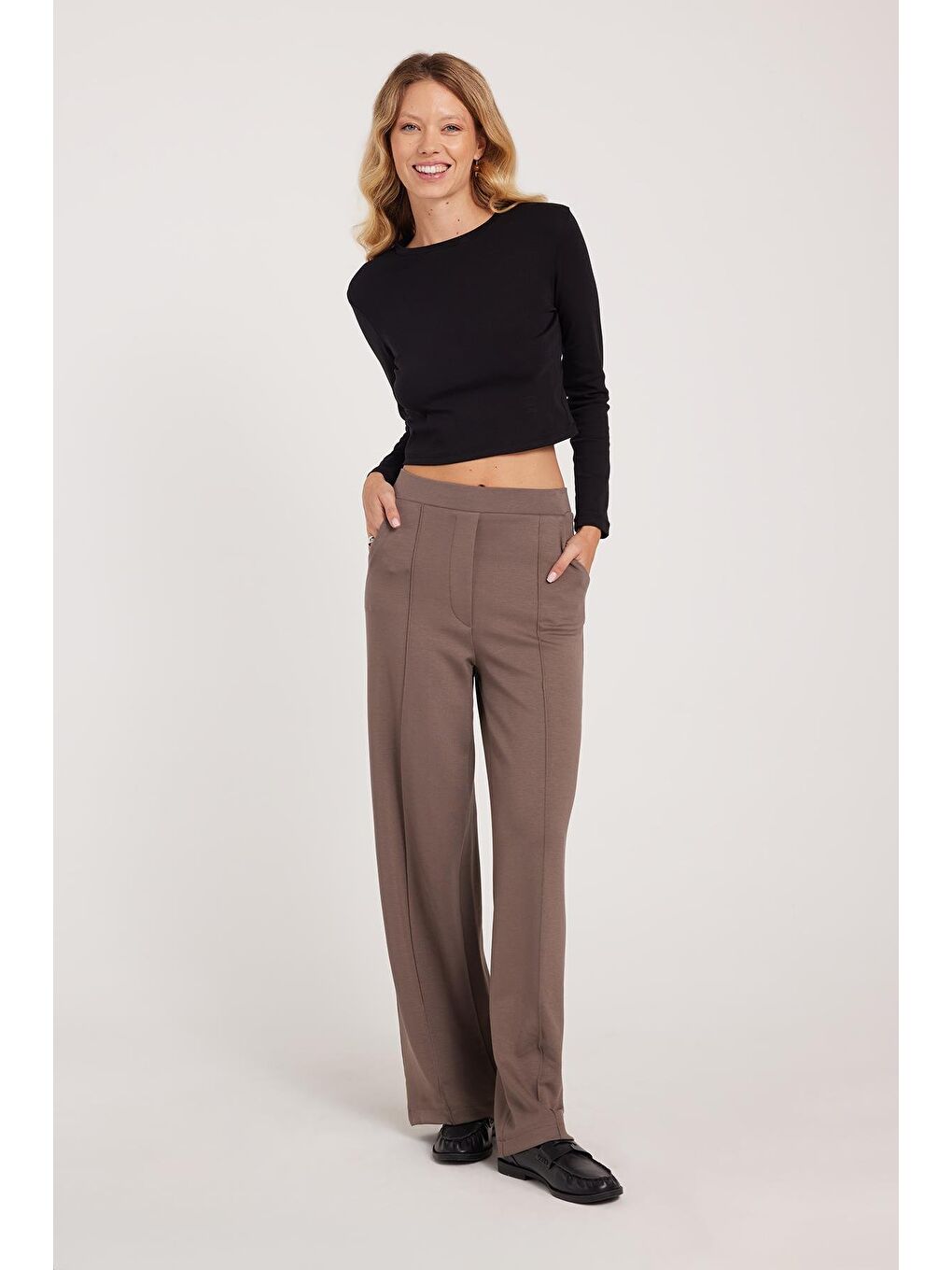 Kahverengi Kadın Relax Fit Rahat Kesim Modal Kumaş Yüksel Bel Geniş Paça Açık Kahve Pantolon-4