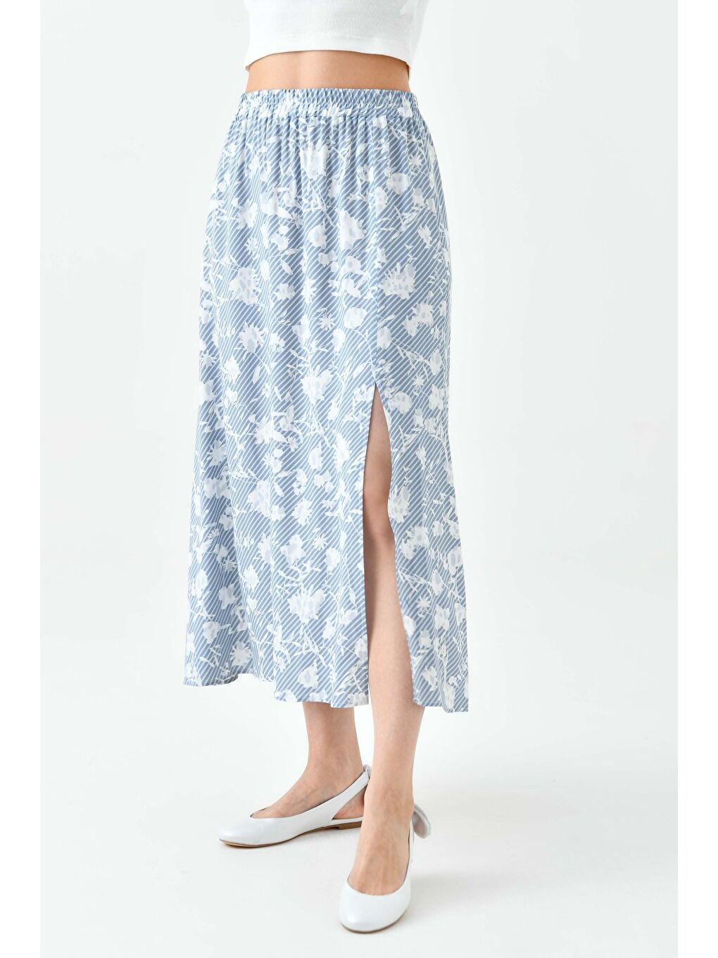 Mavi Kadın A Kesim Beli Lastikli Desenli Yırtmaçlı Midi Dokuma Etek - Viskon-2