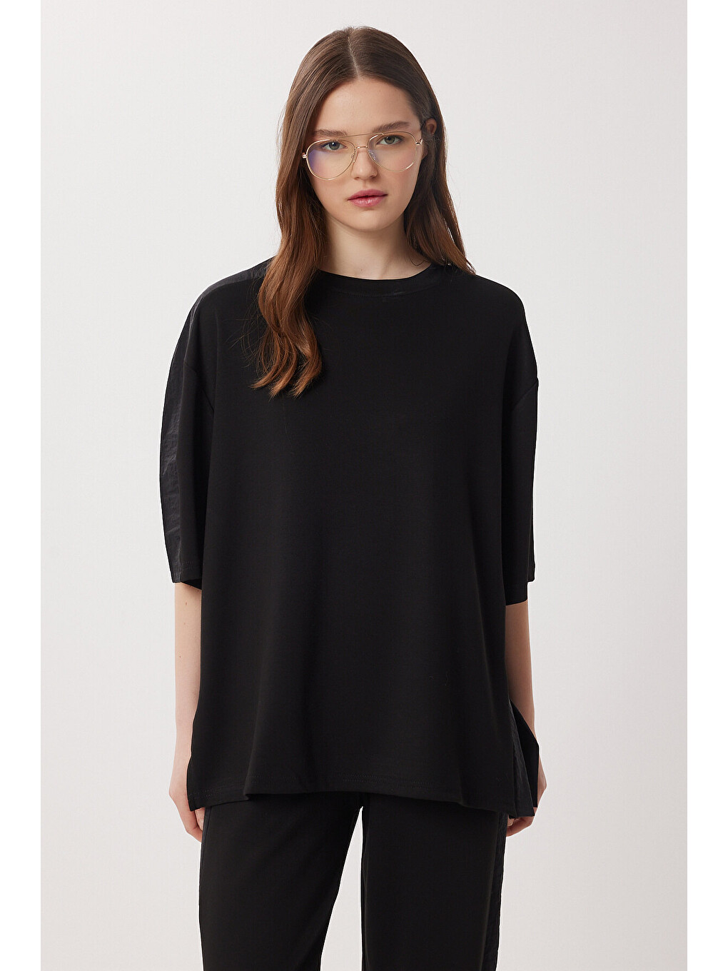 Siyah Oversize Yırtmaçlı Paraşüt Garnili Modal Takım SİYAH LBY0043-2
