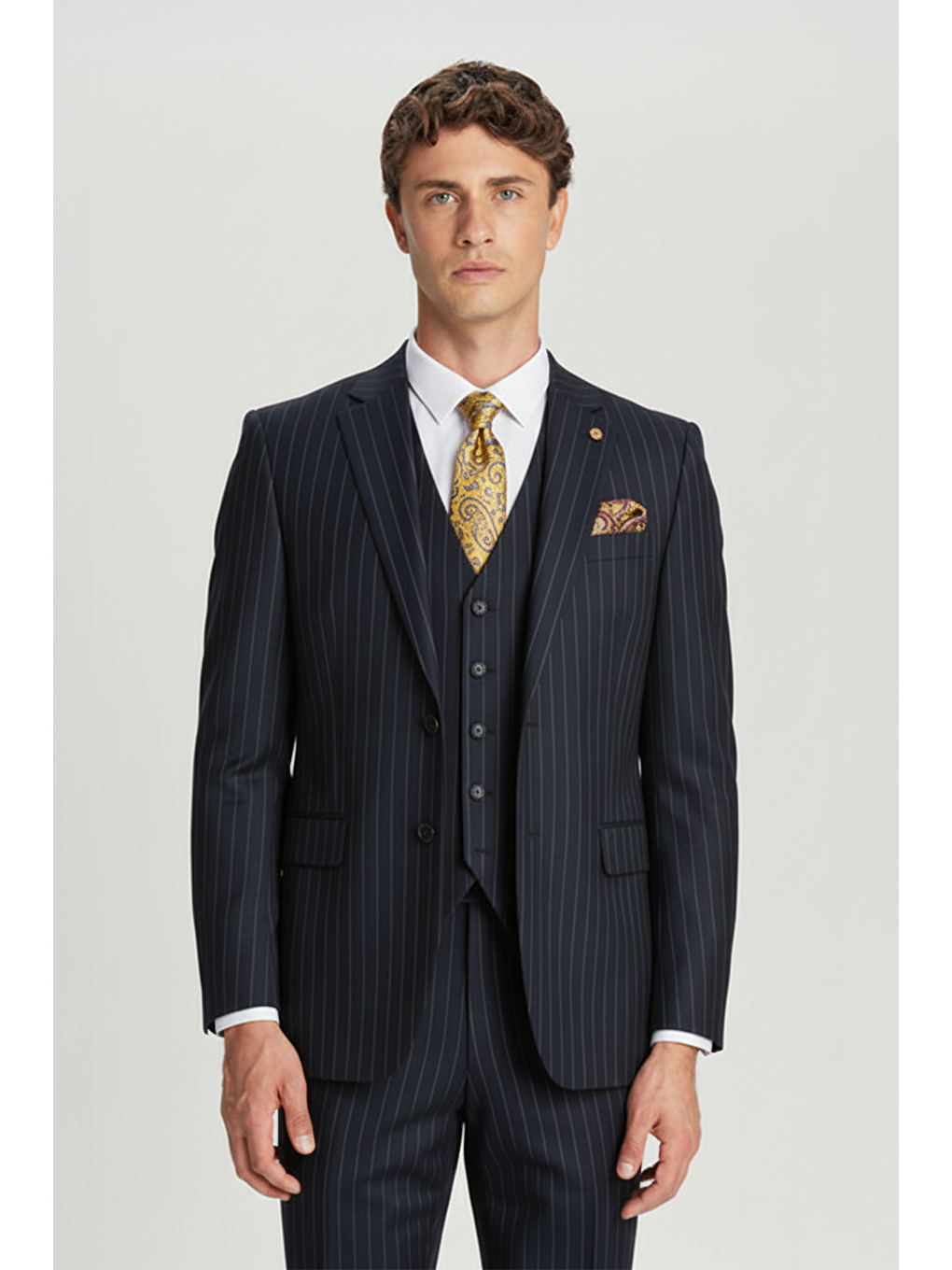 Giotelli Lacivert Slim Fit Çizgili Mono Yaka Yelekli Takım Elbise