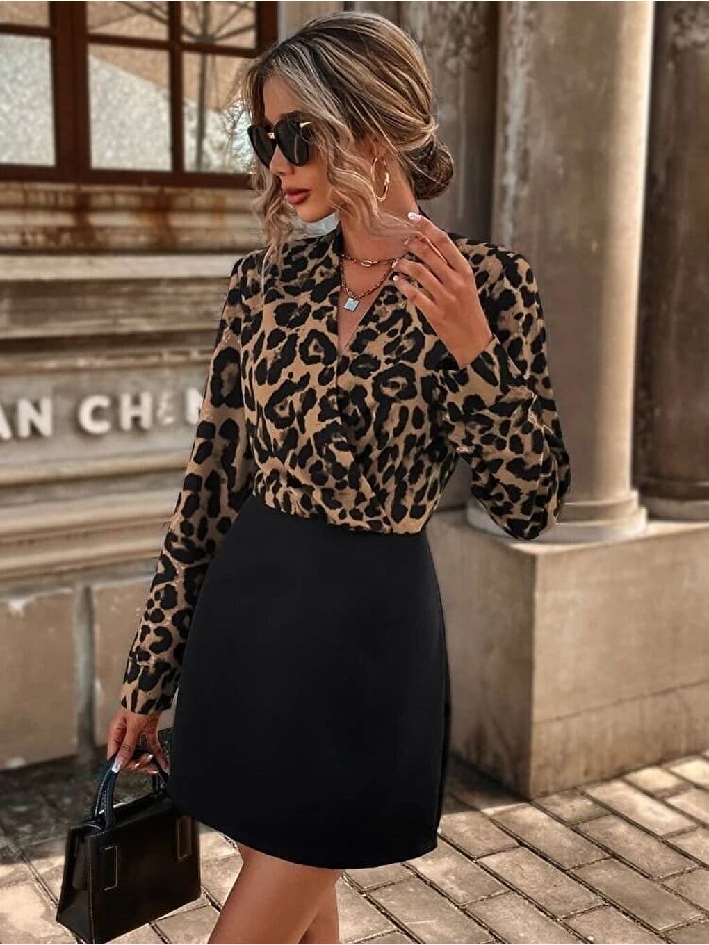 Siyah Kadın Uzun Kollu Kruvaze Yakalı üst Dalgıç Alt Ithal Krep Mini Elbise-2