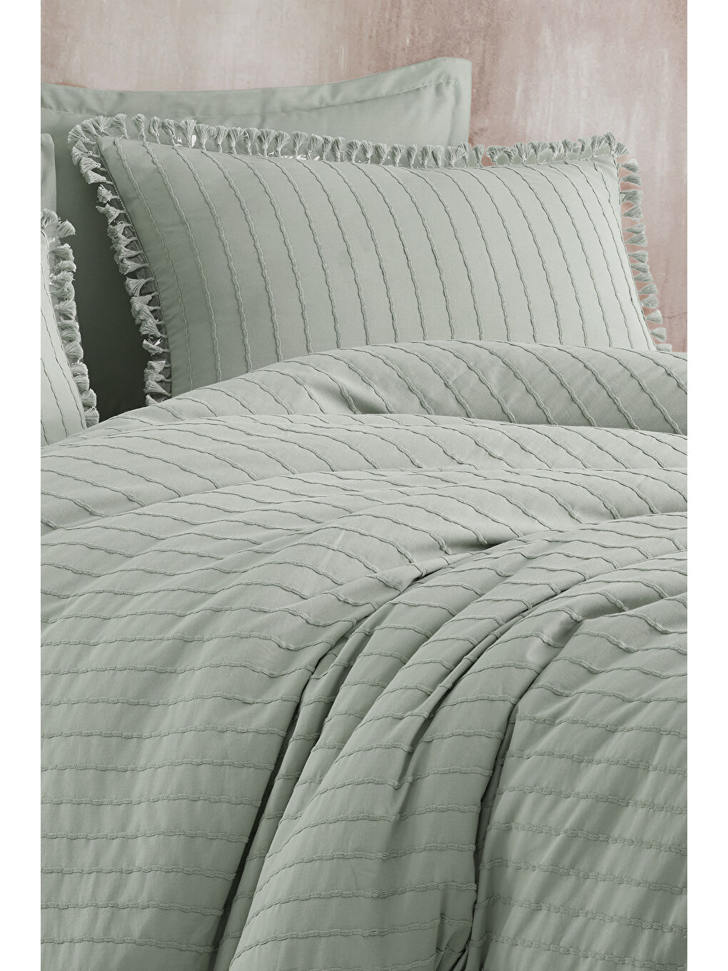 Yeşil %100 Pamuk Çift Kişilik Püsküllü Nevresim Seti Estina Ada Çayı-2