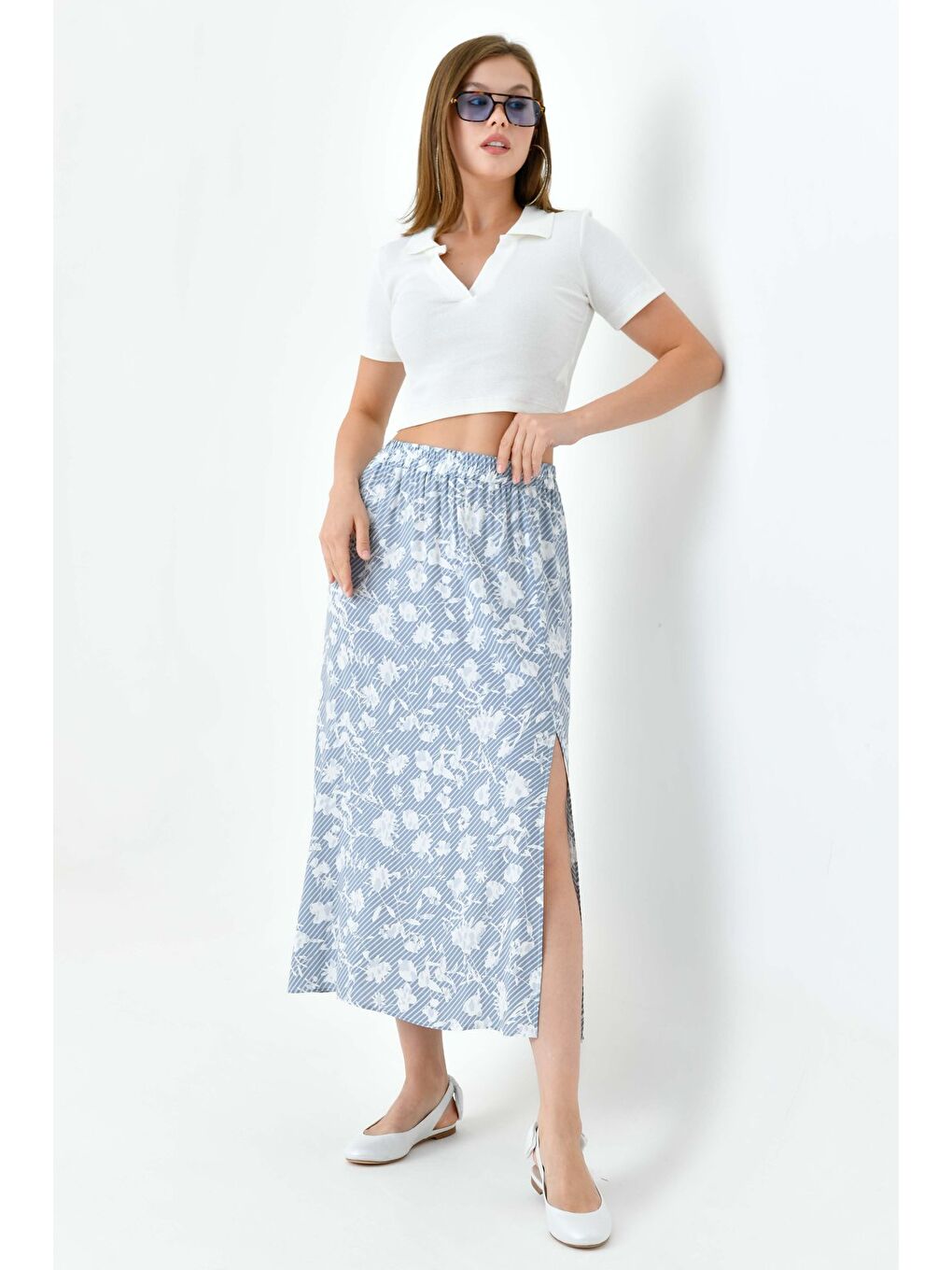 Mavi Kadın A Kesim Beli Lastikli Desenli Yırtmaçlı Midi Dokuma Etek - Viskon-3