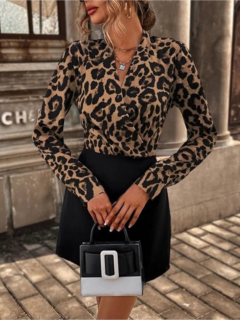 Siyah Kadın Uzun Kollu Kruvaze Yakalı üst Dalgıç Alt Ithal Krep Mini Elbise-4