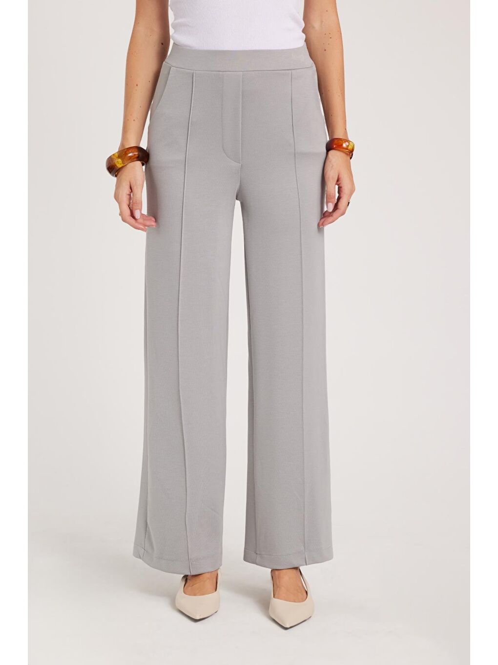 Kadın Relax Fit Rahat Kesim Modal Kumaş Yüksel Bel Geniş Paça Gri Pantolon