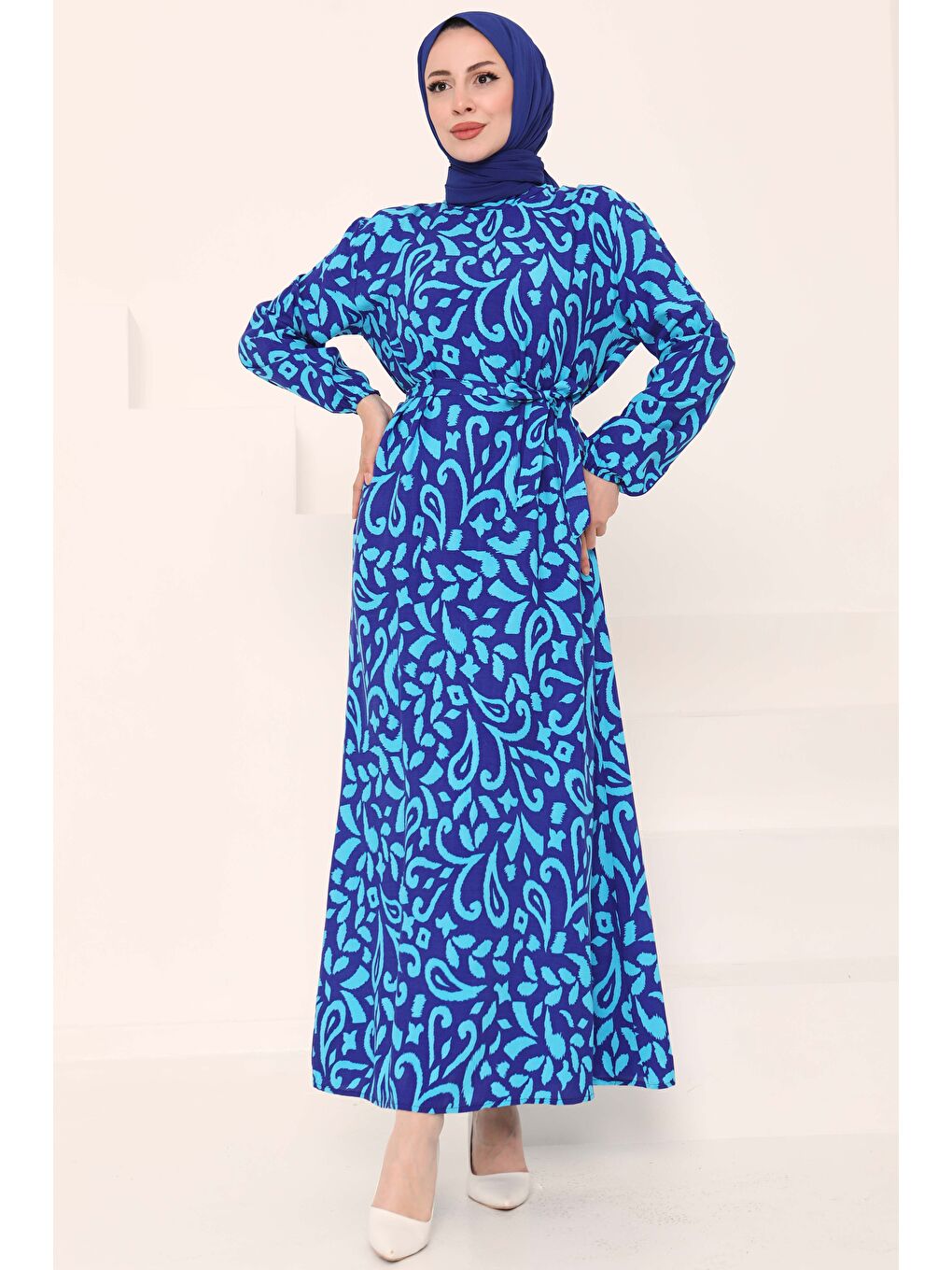 Mavi Kuşaklı Desenli Elbise Saks - 27042